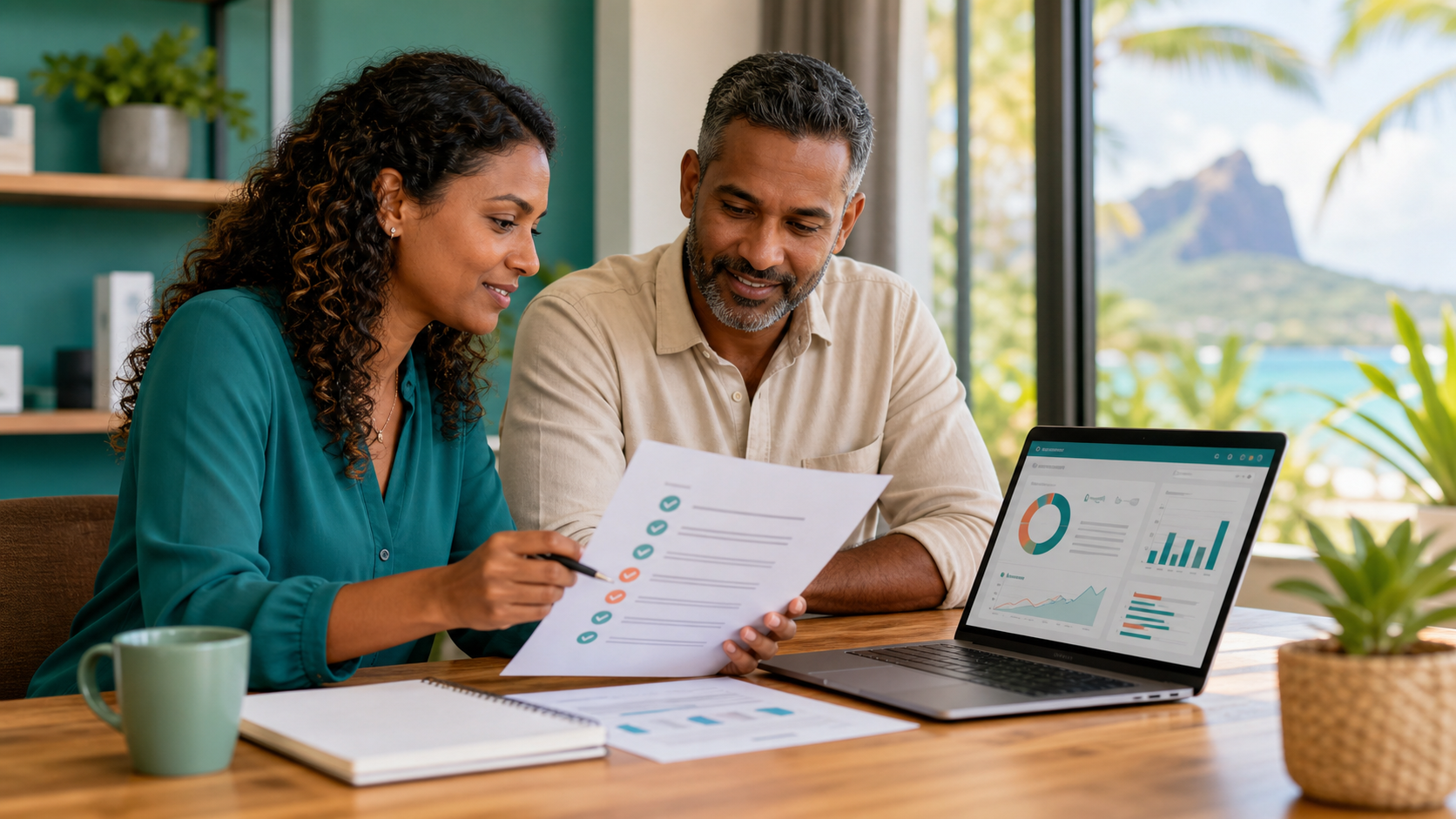 Two managers reviewing a checklist and a SaaS dashboard