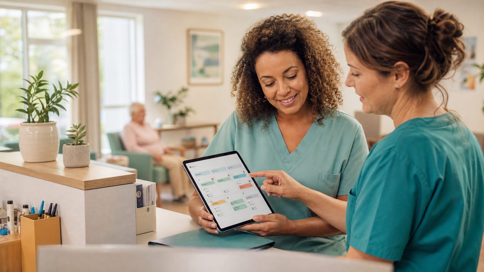 Two care home team members reviewing a dashboard on a tablet